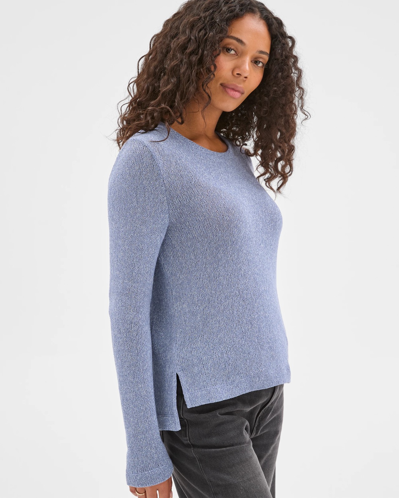 Australian Cotton Blend Long Sleeve Step Hem Textured Knit Top - Bluebell 5 of 5