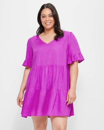 Curve Linen Blend Tiered Mini Dress