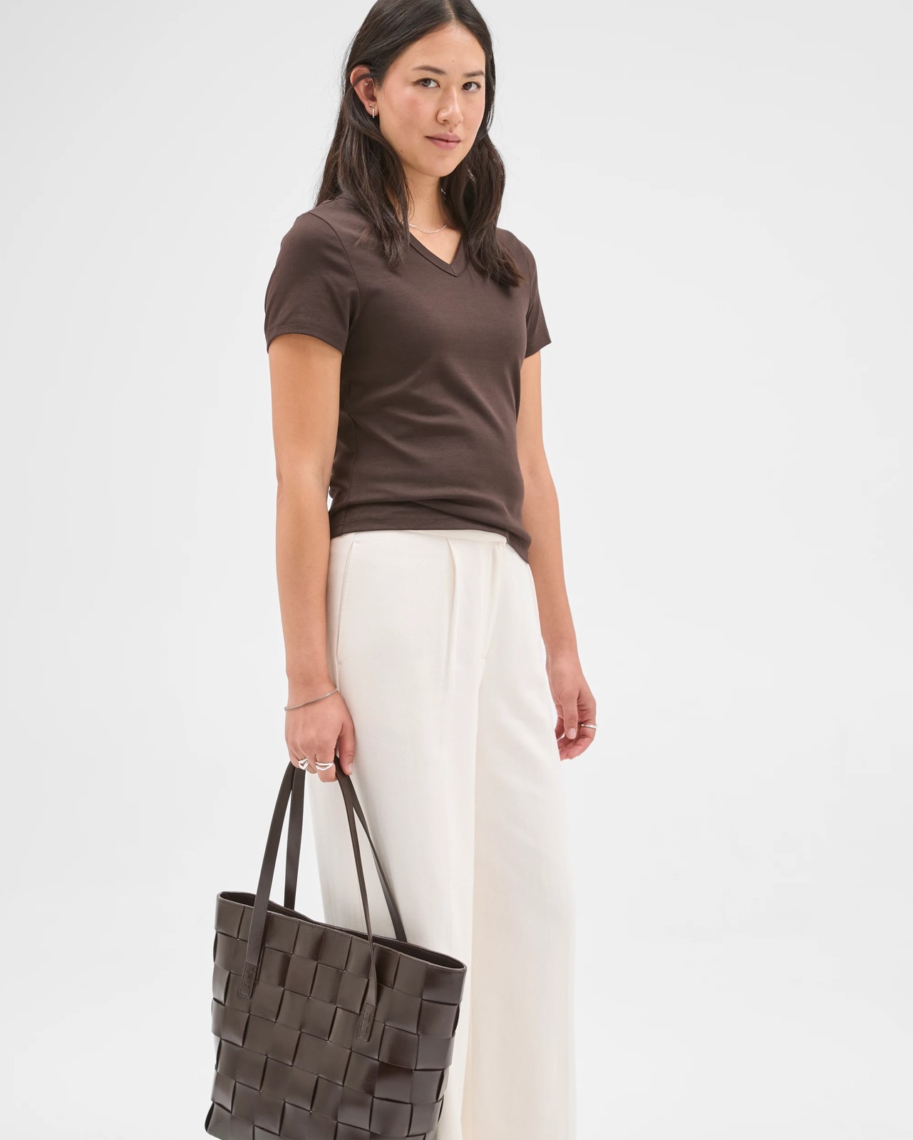 Preview Australian Cotton V-Neck Interlock T-Shirt - Coffee Bean 5 of 5