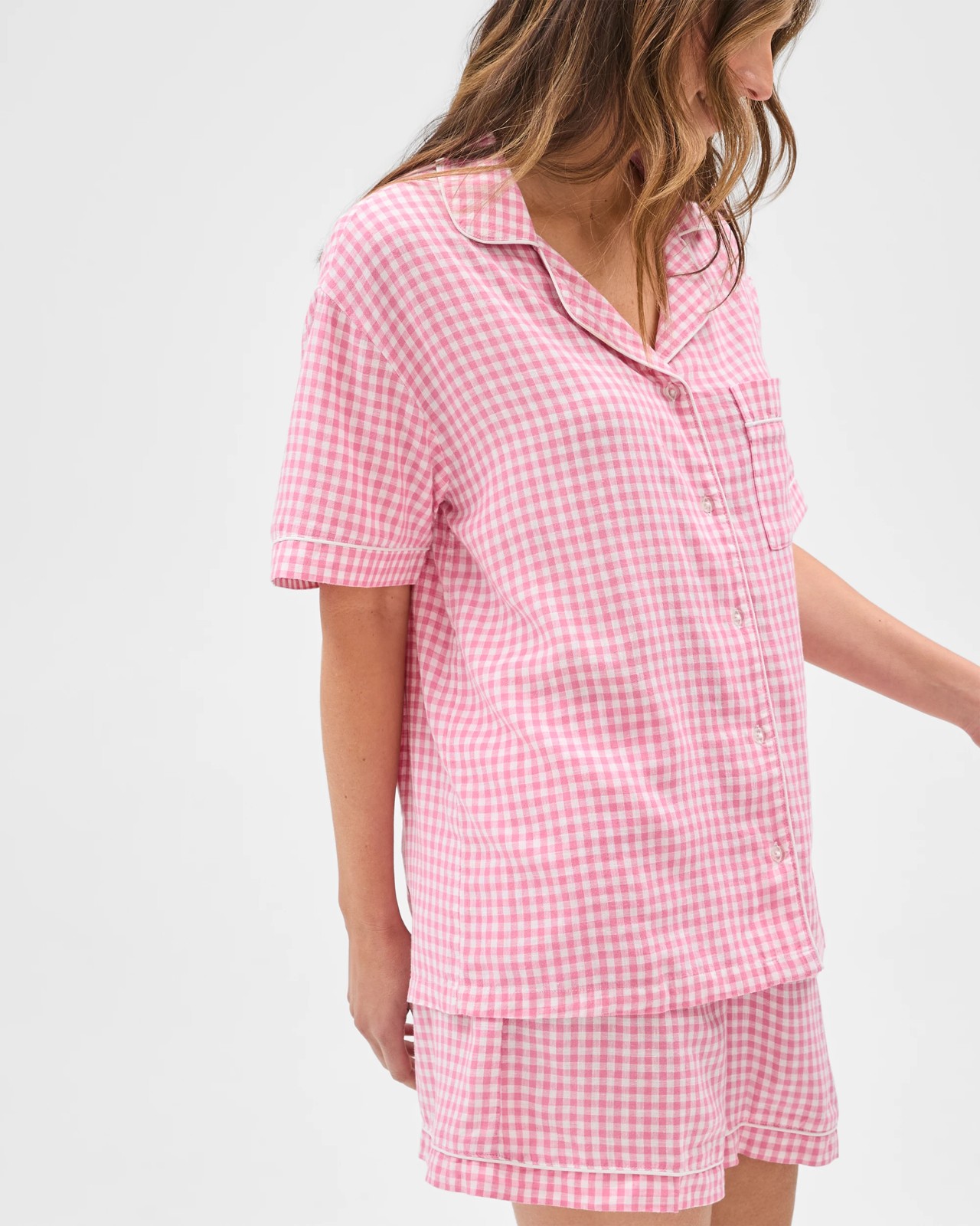 Linen Blend Short Pyjama Set - Pink Gingham 5 of 5