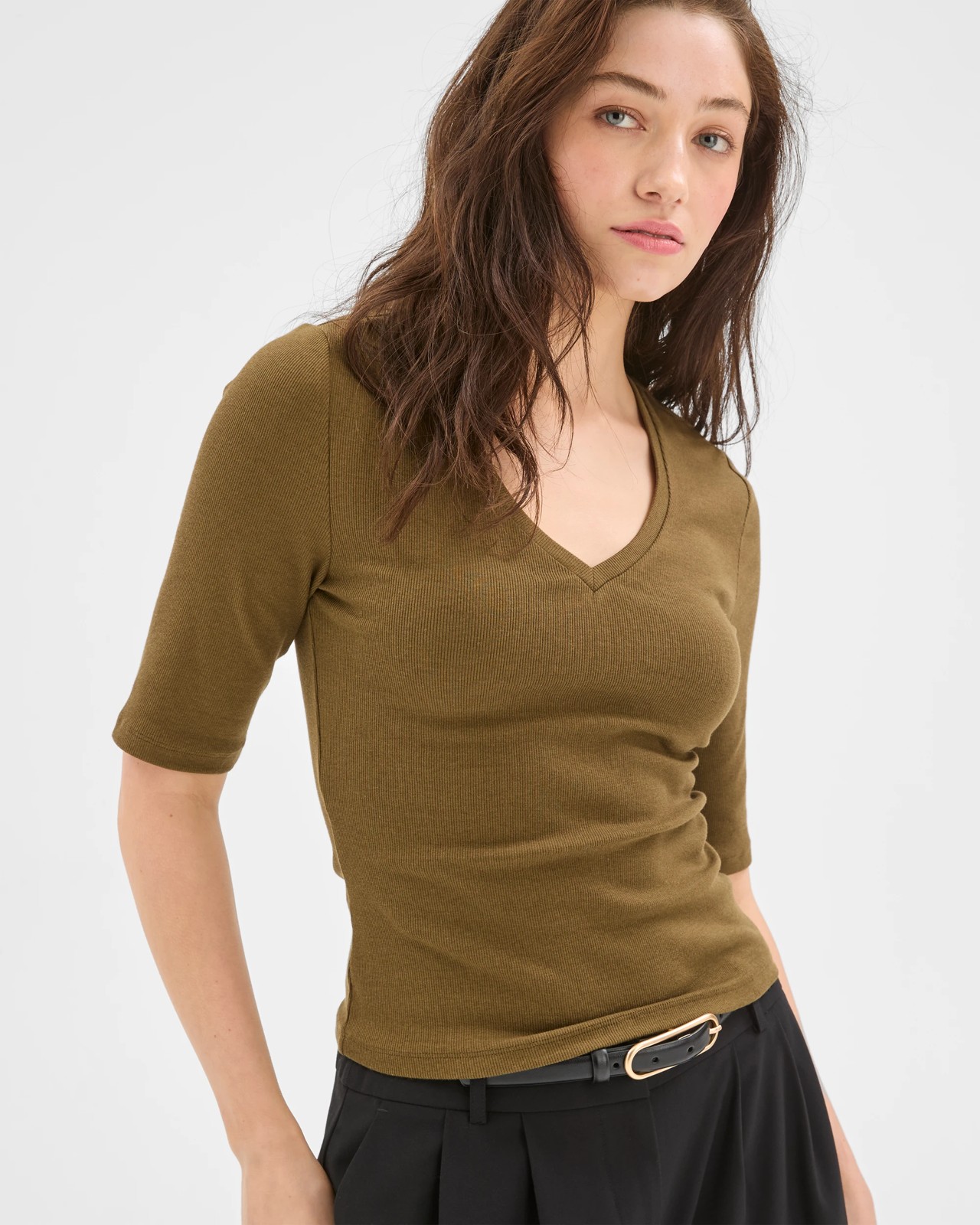 Lily Loves V-Neck Elbow Sleeve T-Shirt - Deep Moss 5 of 5