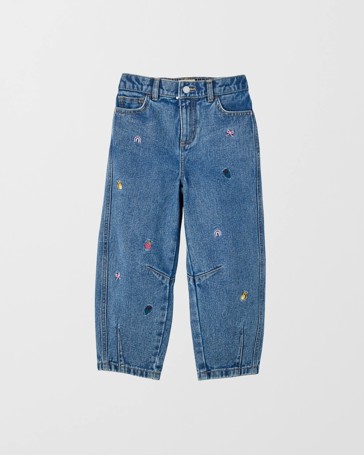 Embroidered Barrel Leg Denim Jeans