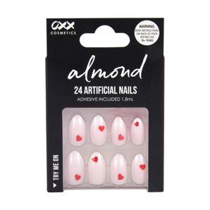 24 Pack Artificial Nails with Adhesive, Almond Shape, Milky White Hearts - OXX Cosmetics