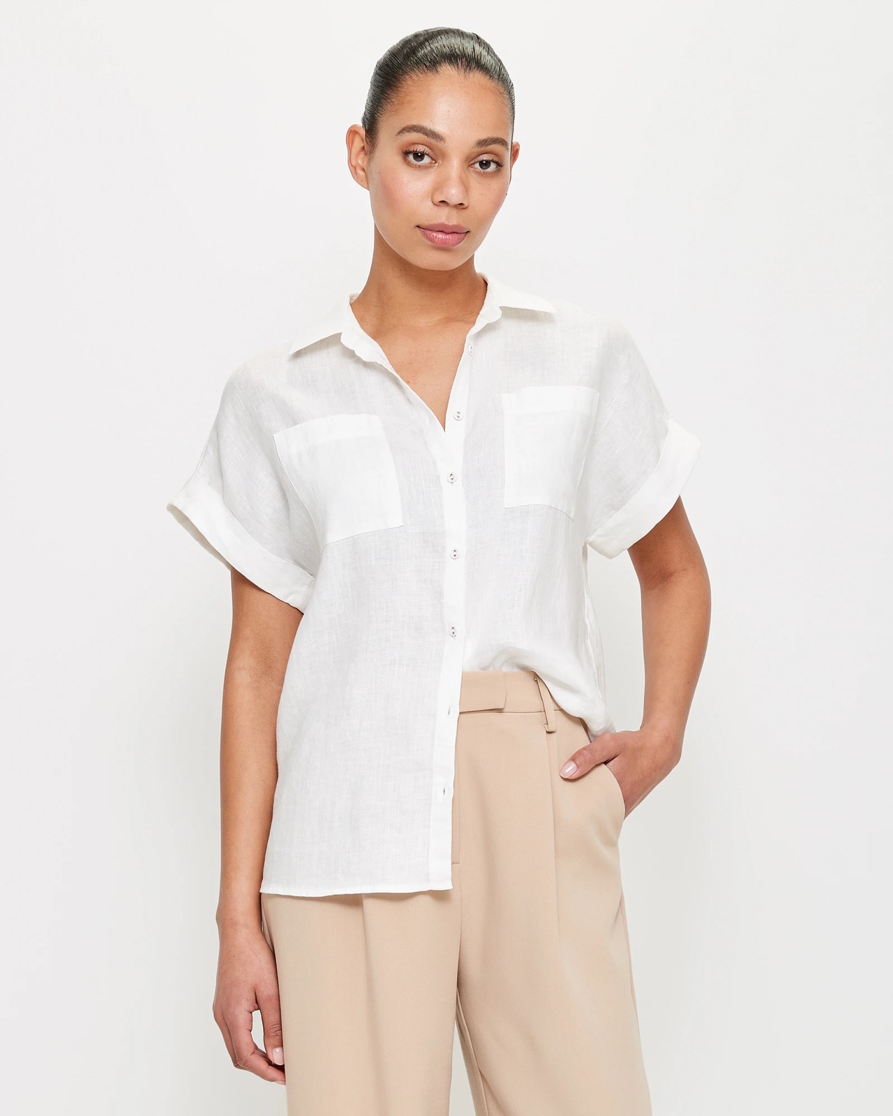 European Linen Blend Short Sleeve Cuffed Shirt - Preview