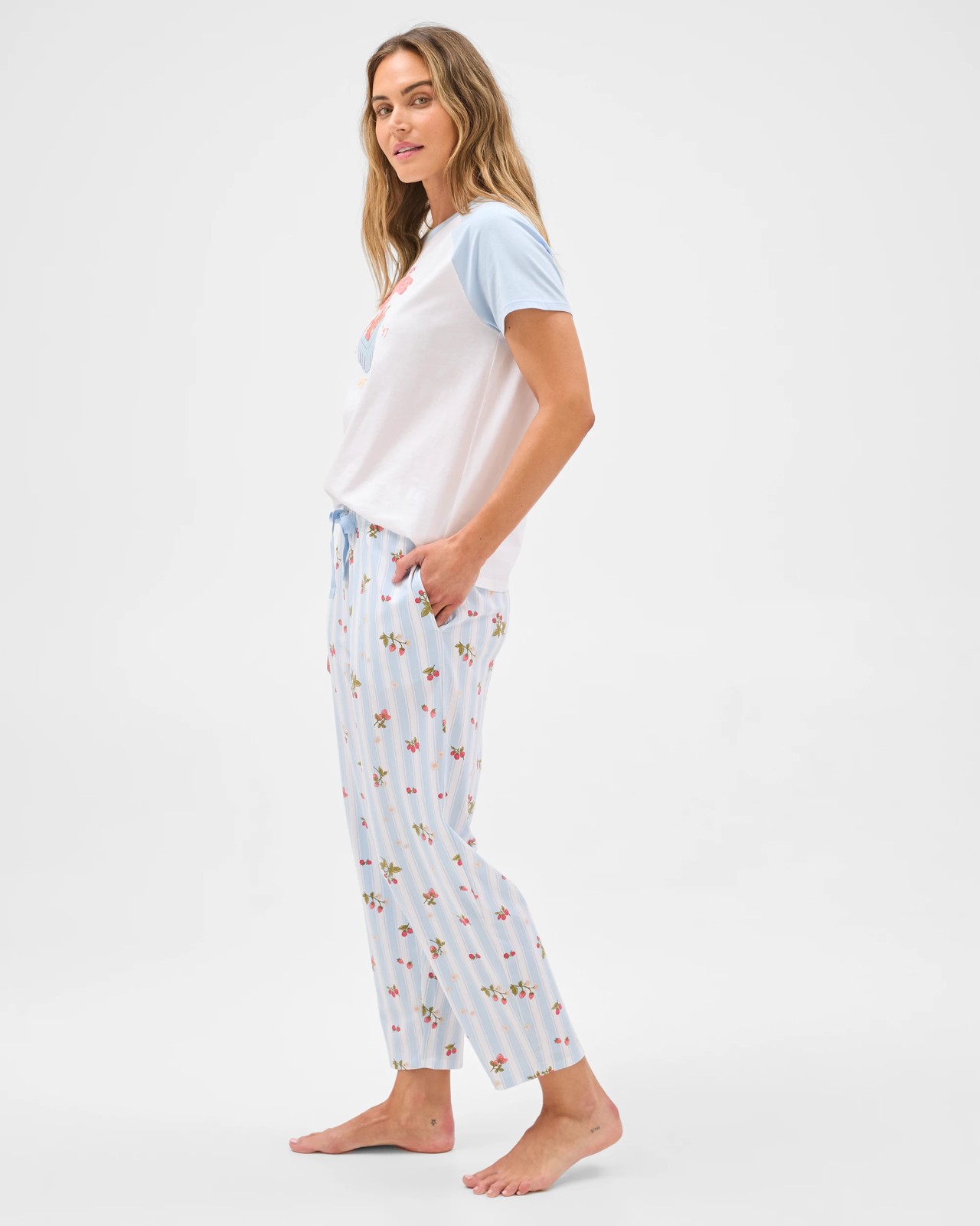 Australian Cotton 7/8 Length Jersey Sleep Pants - Strawberry Blue 3 of 6