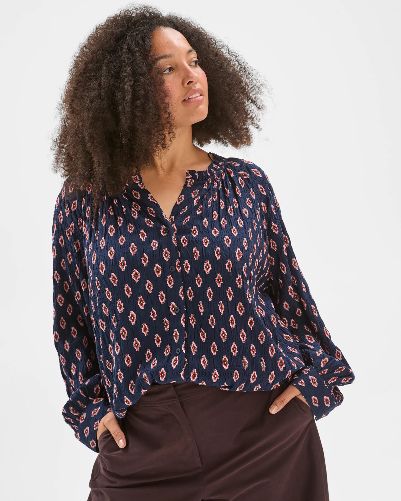 Plus Size Long Sleeve Romantic Blouse - Petrol Print 4 of 5