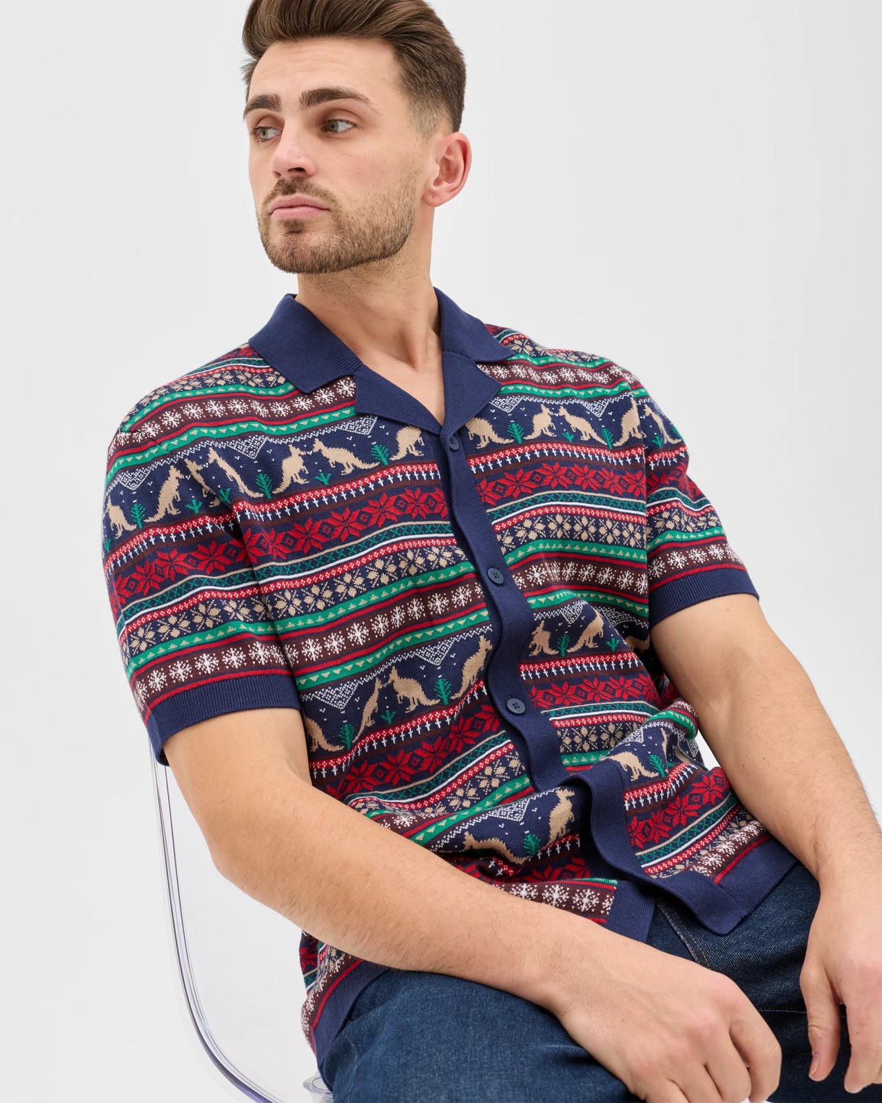 Australian Cotton Christmas Fairisle Knit Shirt - Navy 3 of 5