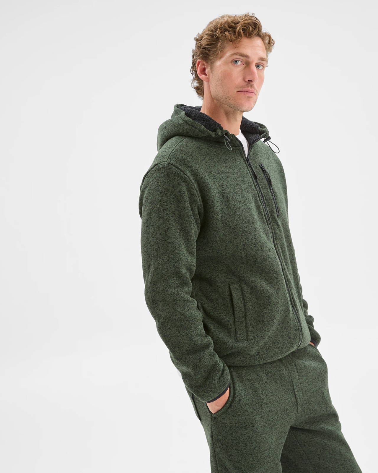 Teddy Lined Zip Through Fleece Hoodie - Green Marle 4 of 6