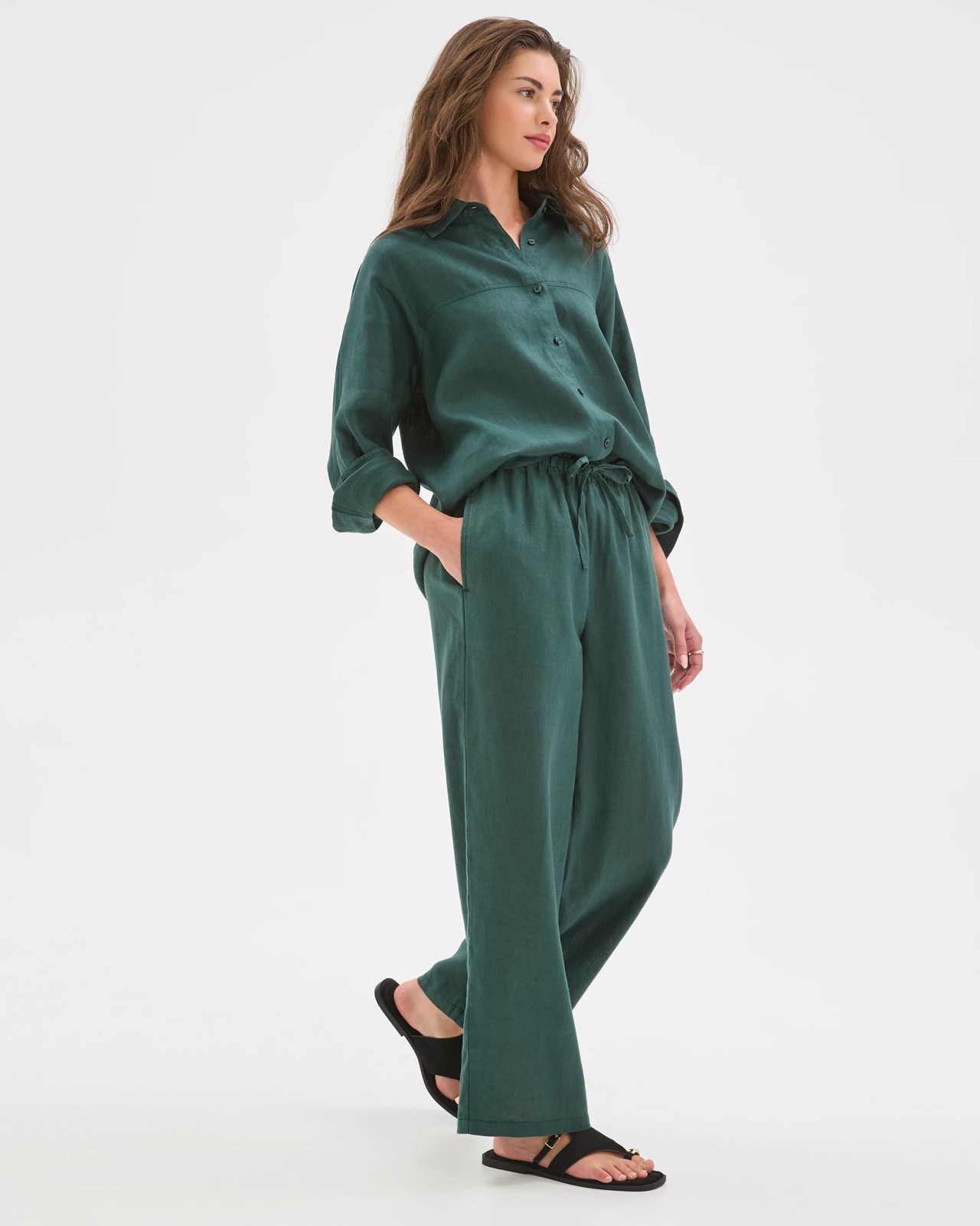 Petites European Linen Straight Leg Pants - Deep Green 3 of 5