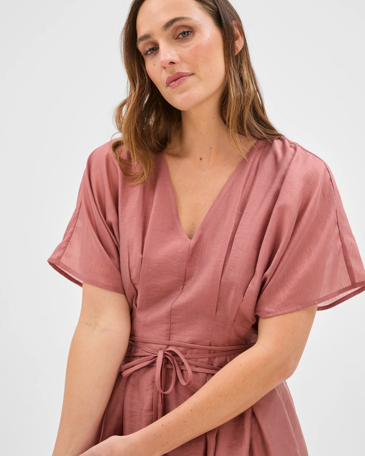 Preview Short Sleeve Tuck Detail Midi Dress - Rose Smoke 5 of 5