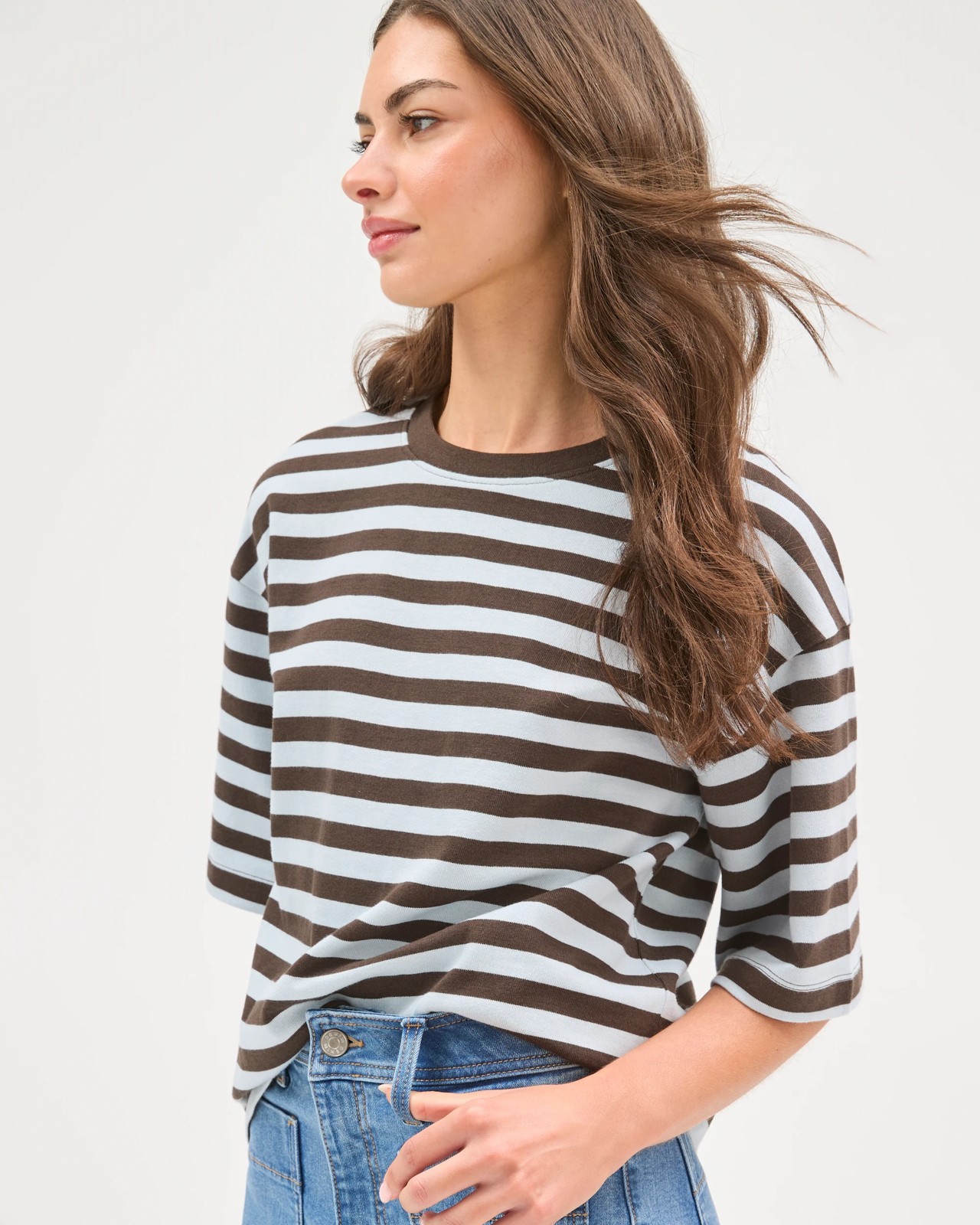 Petites Australian Cotton 3/4 Wide Sleeve Boxy T-Shirt - Black Coffee/Blue Mist Stripe 3 of 5