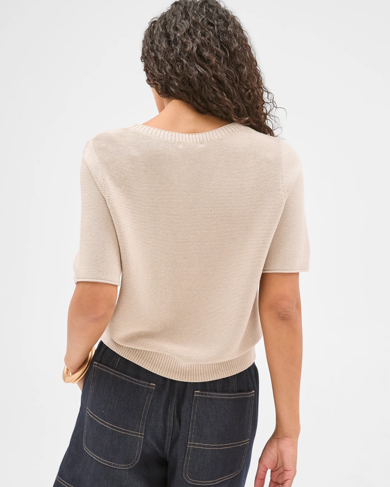 Australian Cotton Blend Relaxed Fit Ottoman Stitch Knitted T-Shirt - Pebble 6 of 6