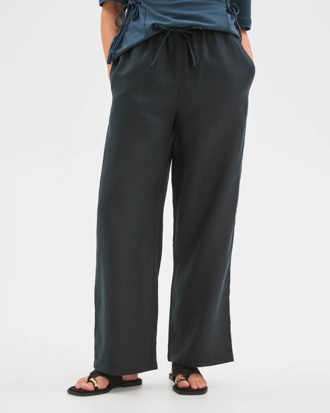 Petites European Linen Straight Leg Pants - Black 5 of 6