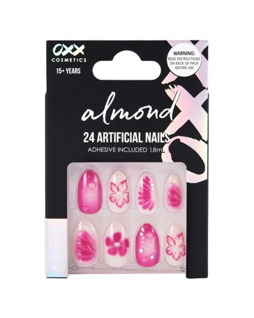 OXX Cosmetics 24 Pack Artificial Nails with Adhesive, Almond Shape - Fuchsia Pink Flowers And 3D Bubbles