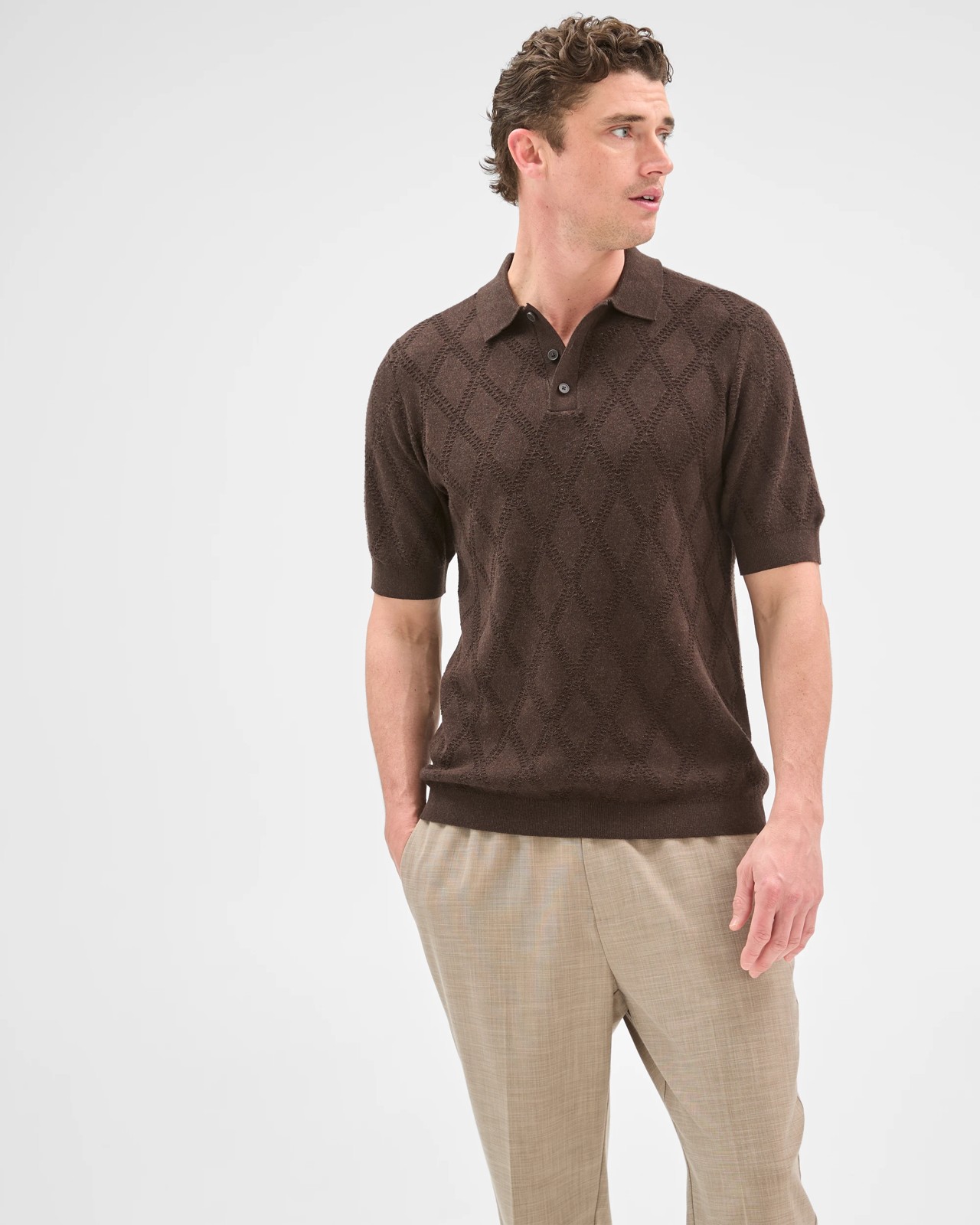 Preview Australian Cotton Jacquard Knit Polo Top - Chocolate 3 of 6