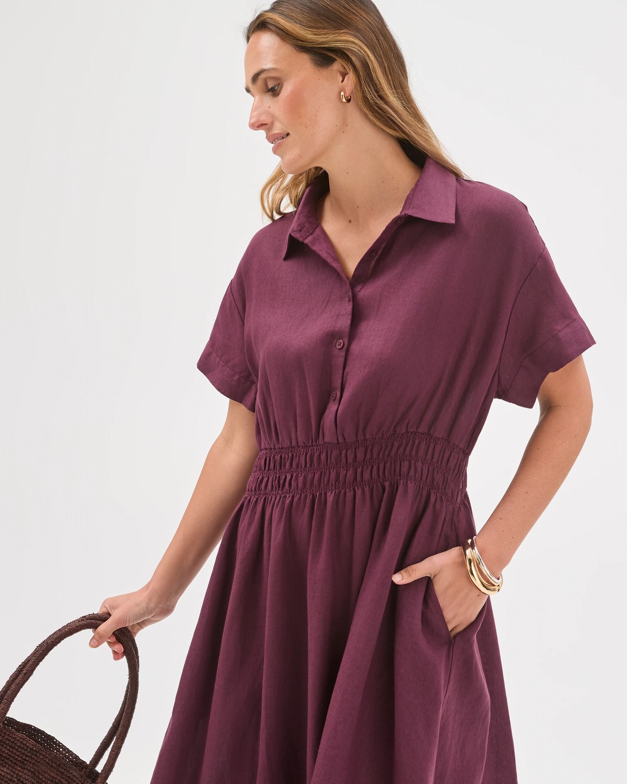 European Linen Shirred Waist Midi Dress - Merlot 2 of 5