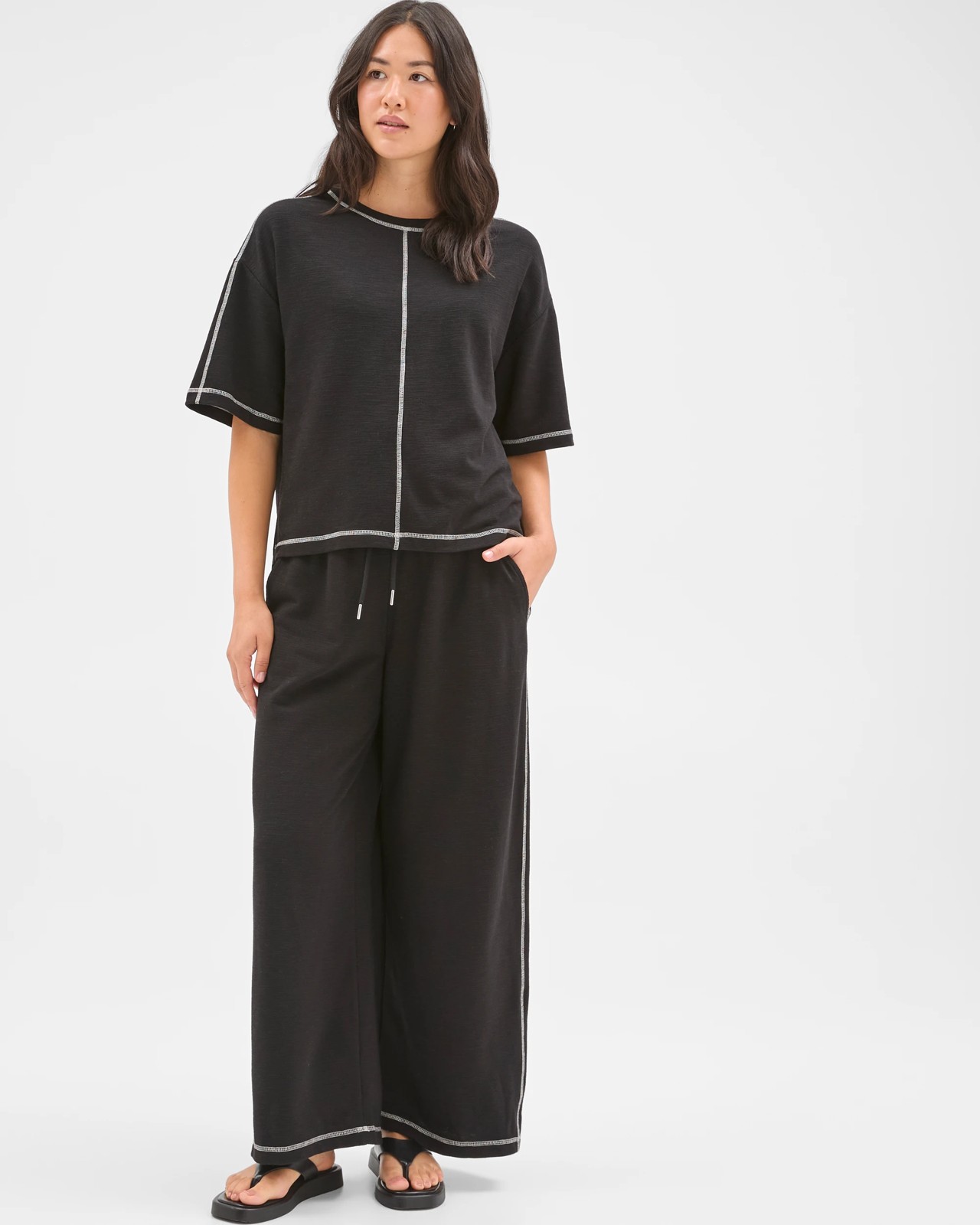 Textured Pants with Contrast Seams - Black 4 of 5