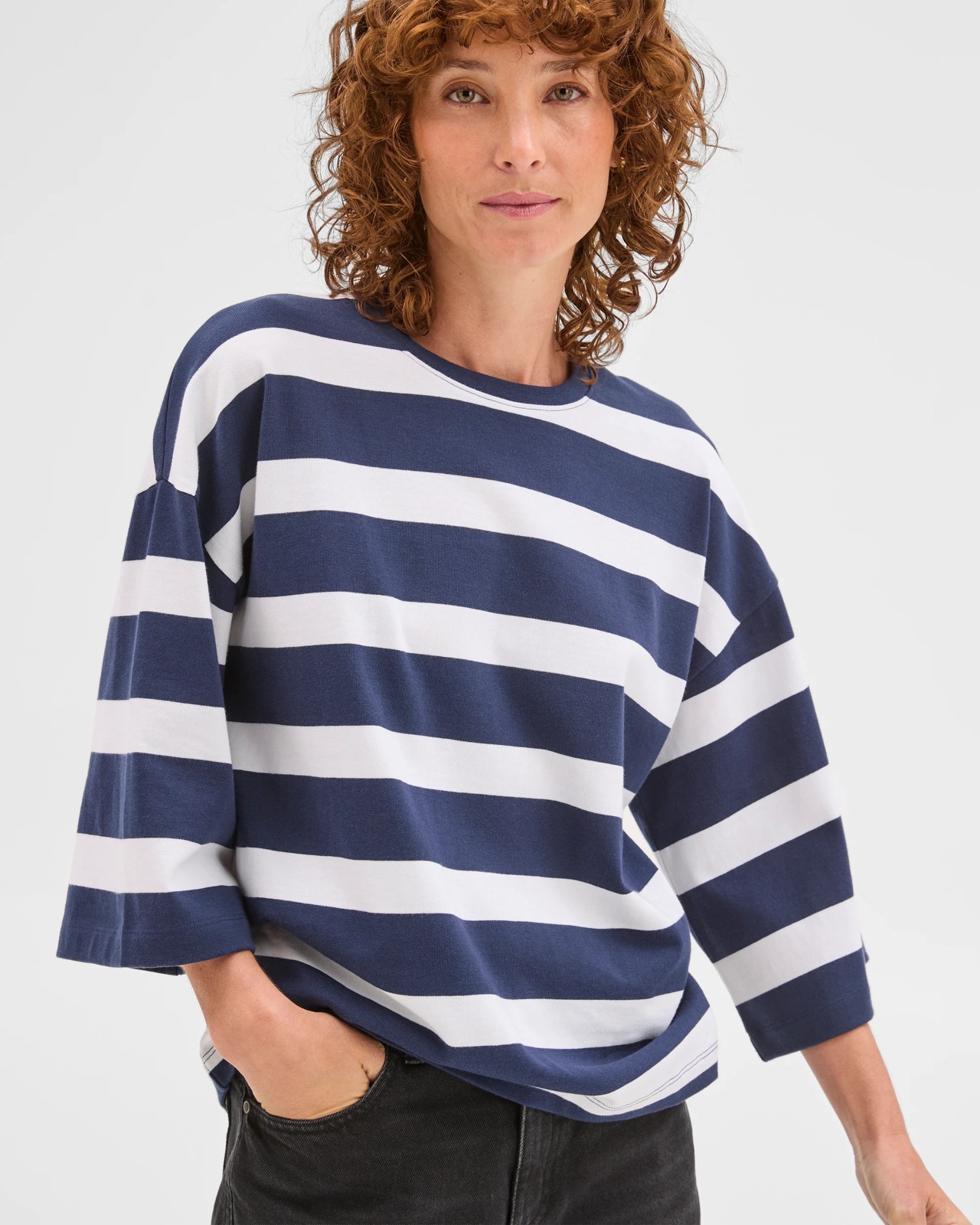 Australian Cotton 3/4 Length Wide Sleeve Boxy T-Shirt -  Navy + White 3 of 5