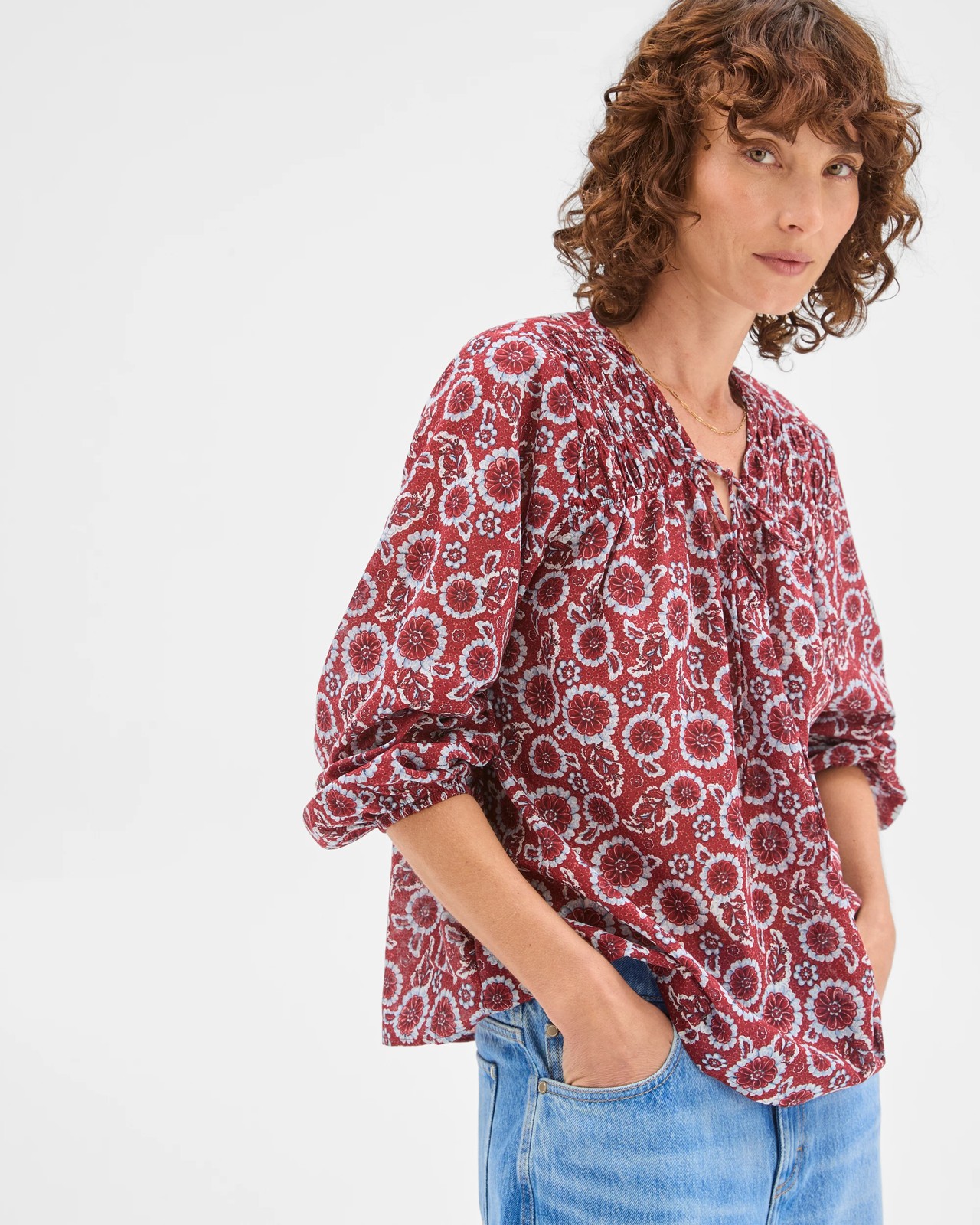 Australian Cotton Long Sleeve Print Gather Detail Blouse - Floral 5 of 5