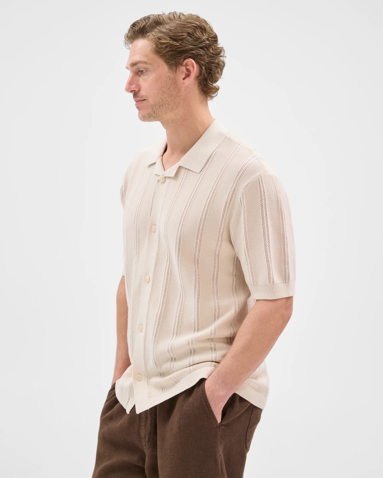 Australian Cotton Short Sleeve Textured Stripe Knit Shirt - Birch Marle 3 of 5