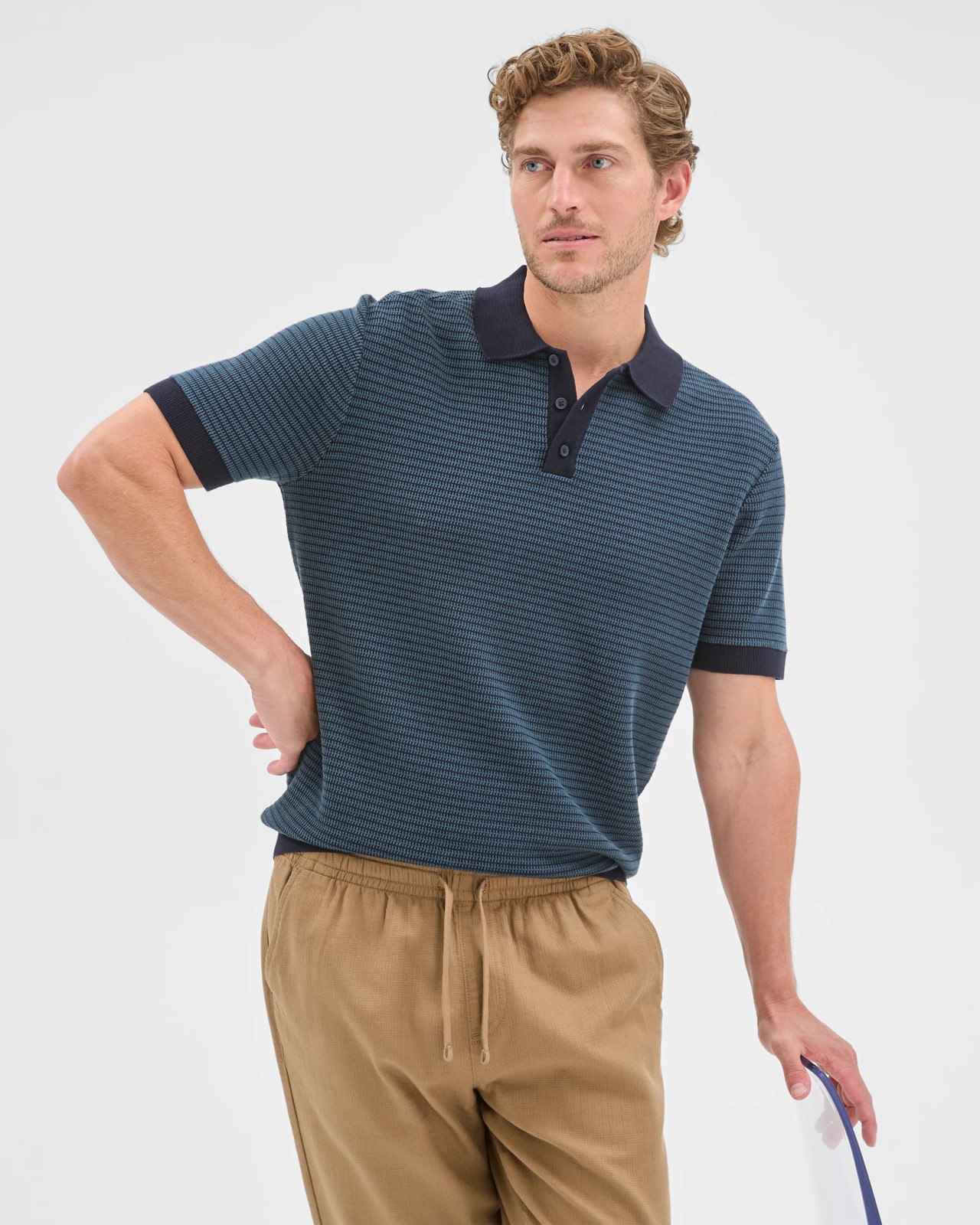 Australian Cotton Tonal Knit Polo Top - Navy 3 of 5