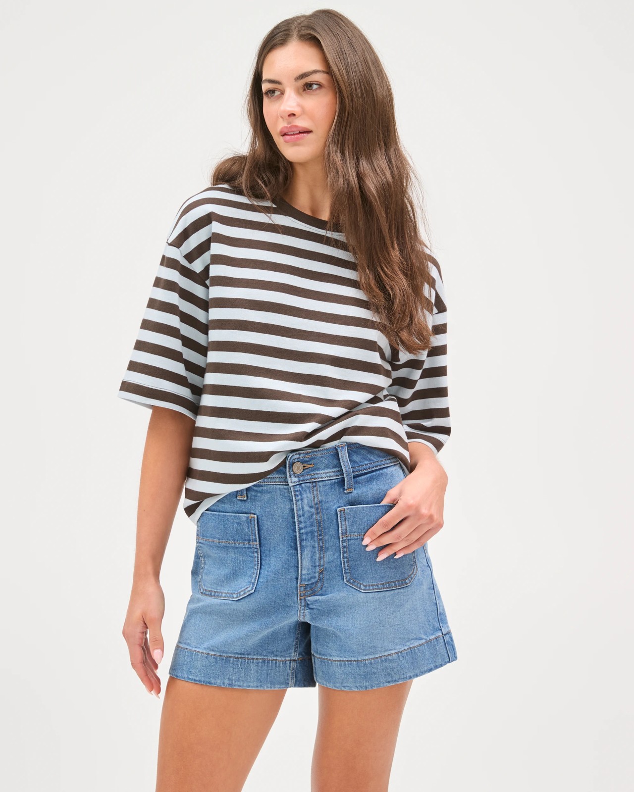 Petites Australian Cotton 3/4 Wide Sleeve Boxy T-Shirt - Black Coffee/Blue Mist Stripe 2 of 5