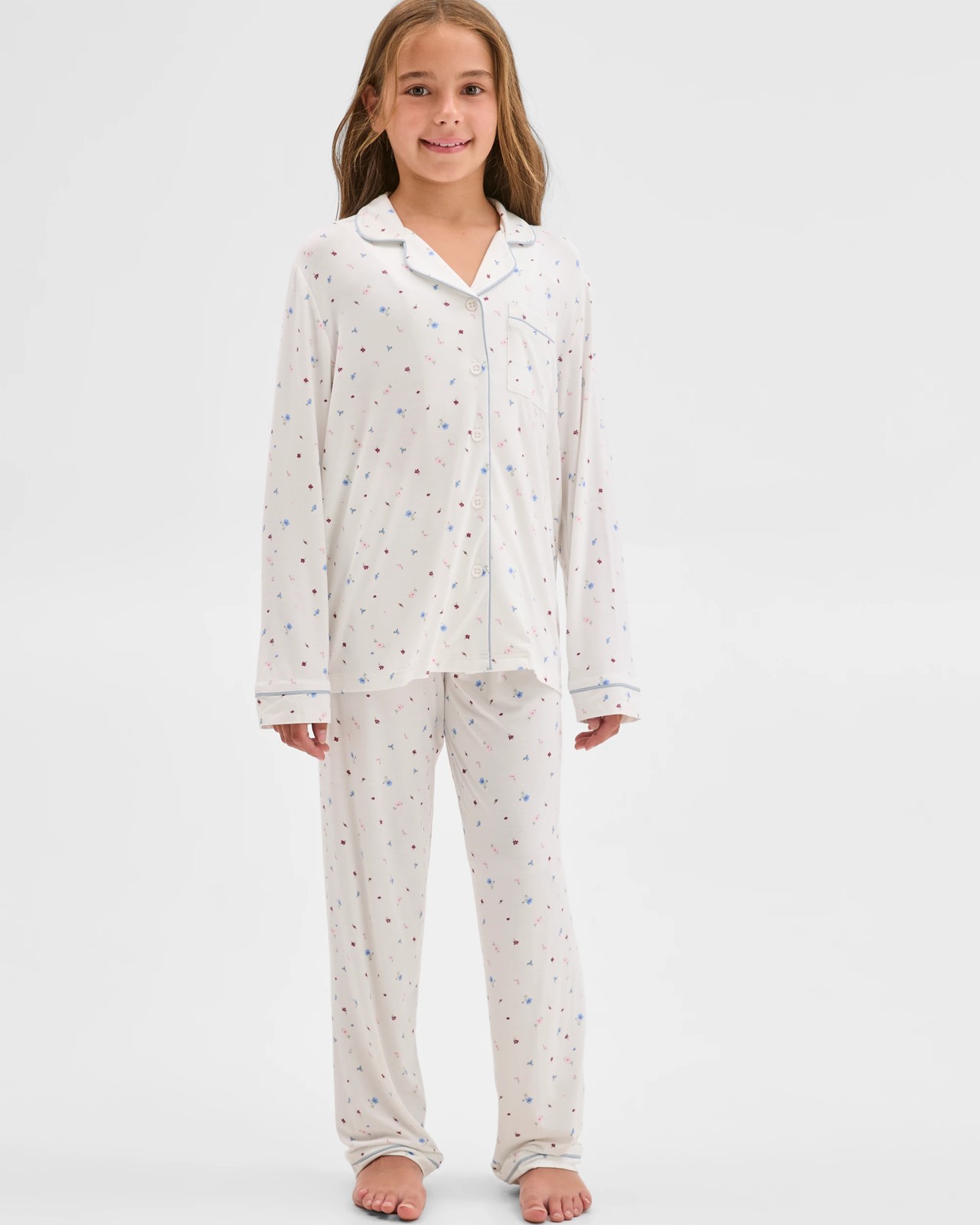 Bamboo Older Girls Button Through Pyjama Set - White Floral 2 of 6