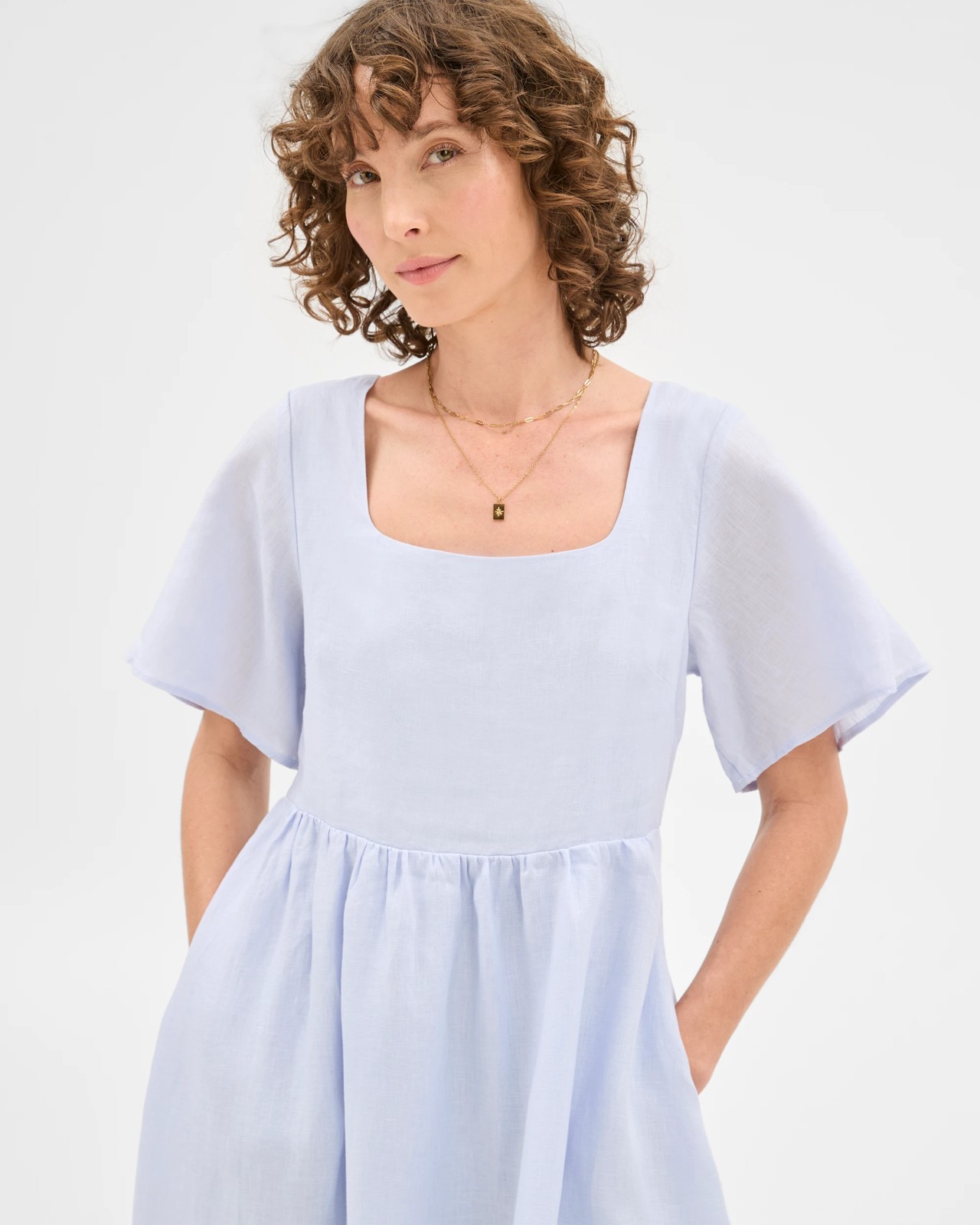 European Linen Flutter Sleeve Midi Dress 4 of 6