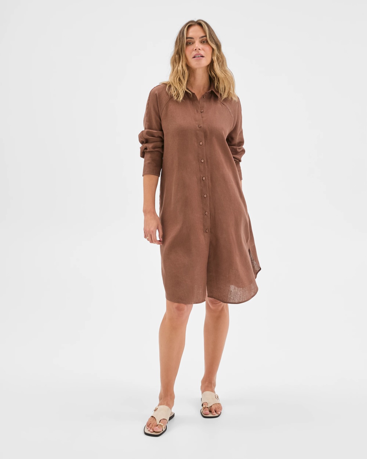 European Linen 3/4 Sleeve Midi Shirt Dress - Warm Brown 5 of 6