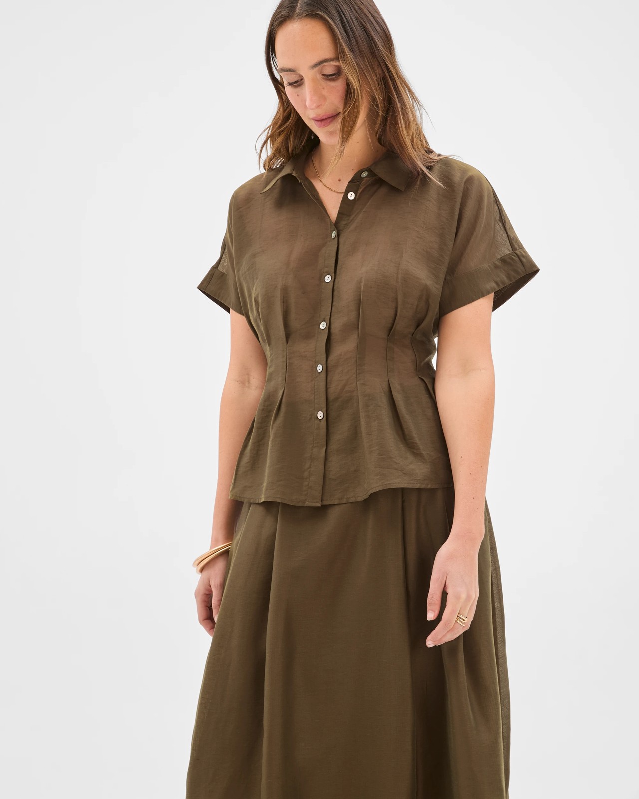 Preview Toni Panelled Midi Skirt - Khaki Olive 3 of 5