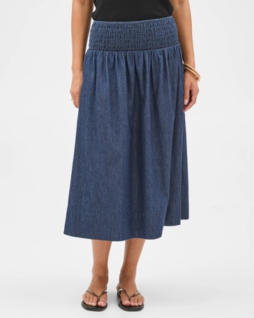 Cotton Shirred Midi Chambray Skirt