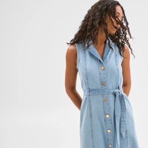 Sleeveless Denim Belted Midi Shirt Dress