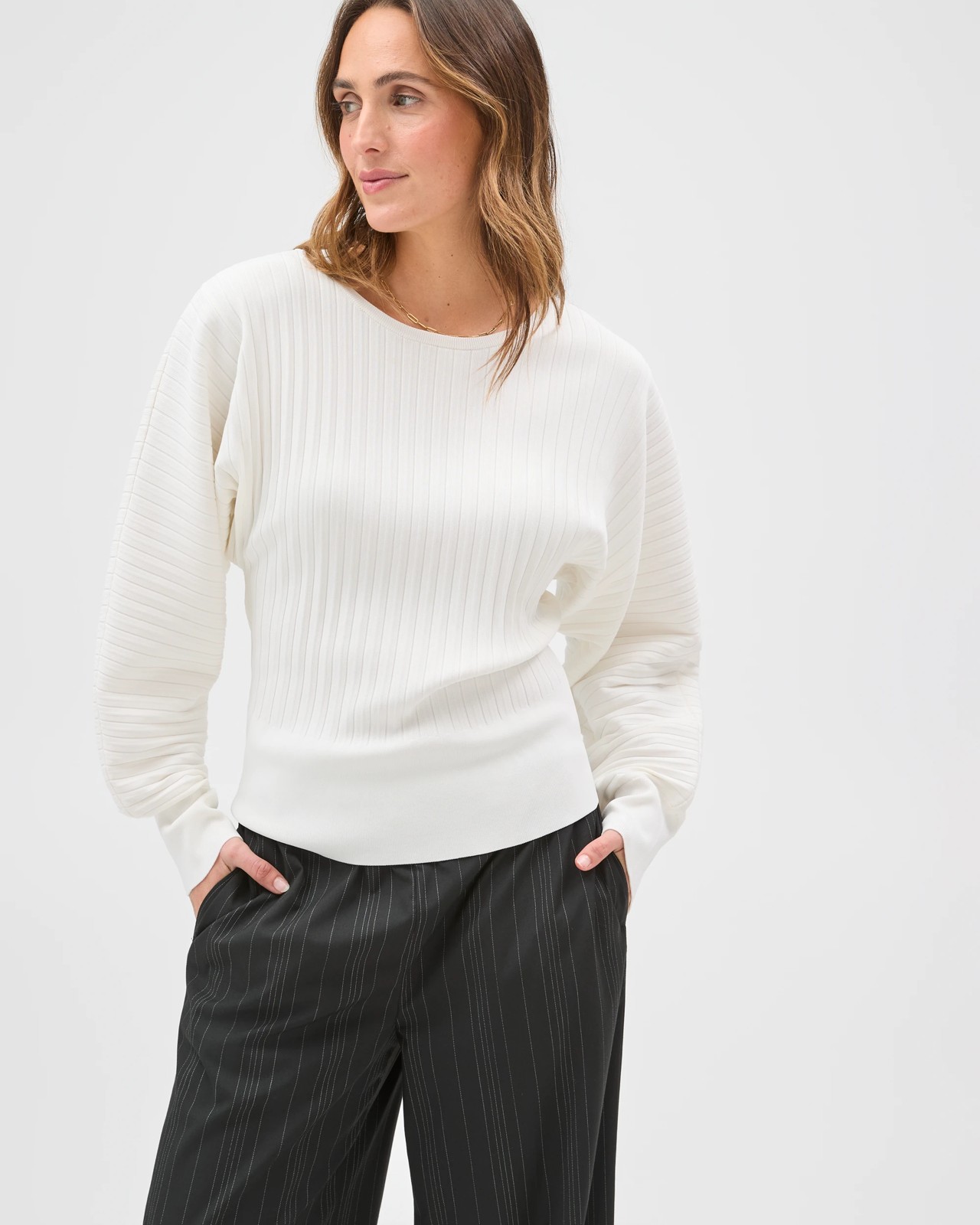 Preview Long Dolman Sleeve Crepe Knit Jumper - Cloud Dancer 4 of 6