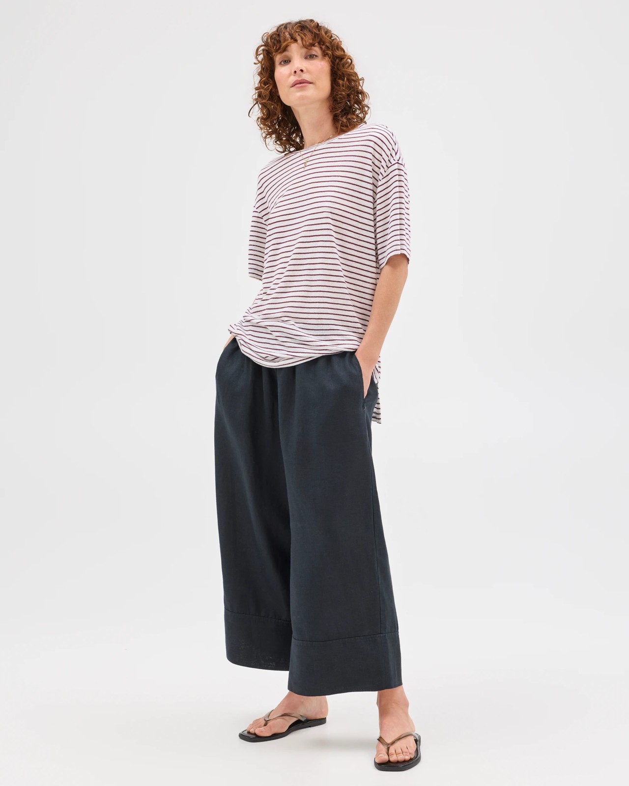 Linen Blend Relaxed T-Shirt - White Merlot Stripe 2 of 5
