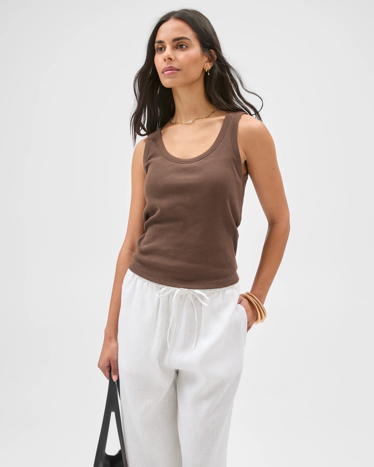 Australian Cotton Blend Scoop Neck Tank Top with Shelf Bra - Coffee Bean 3 of 6