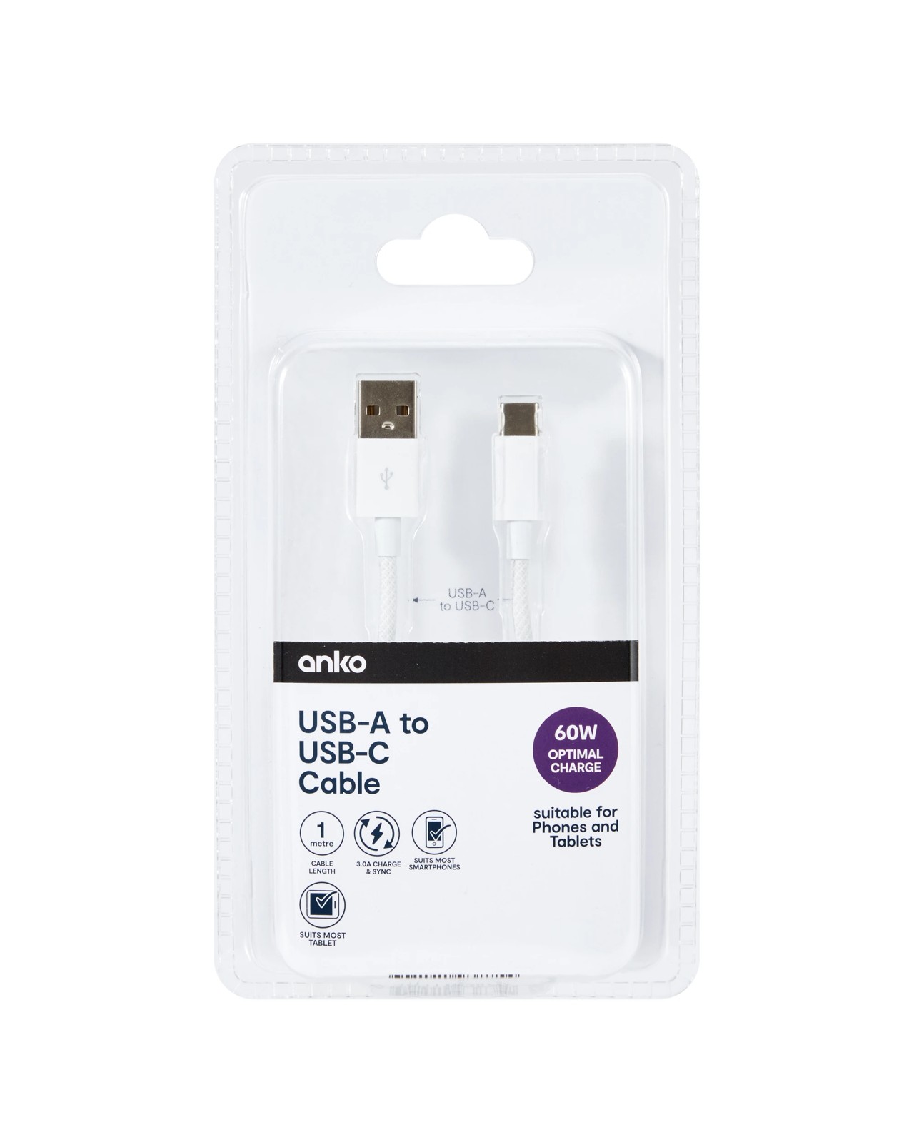 Anko USB-A to USB-C Cable - 1m - White 4 of 5