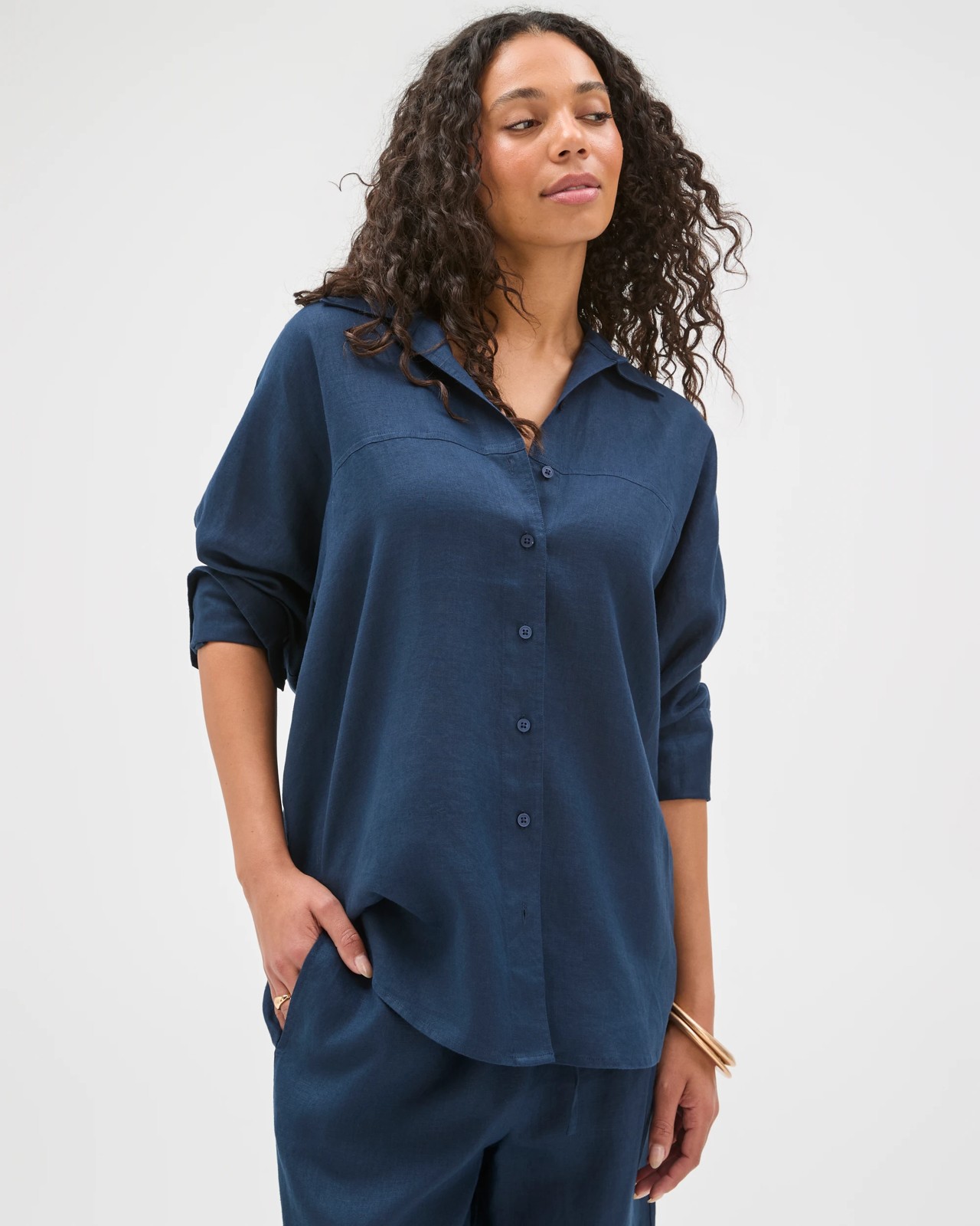 European Linen Long Sleeve Shirt - Navy Blue 3 of 6