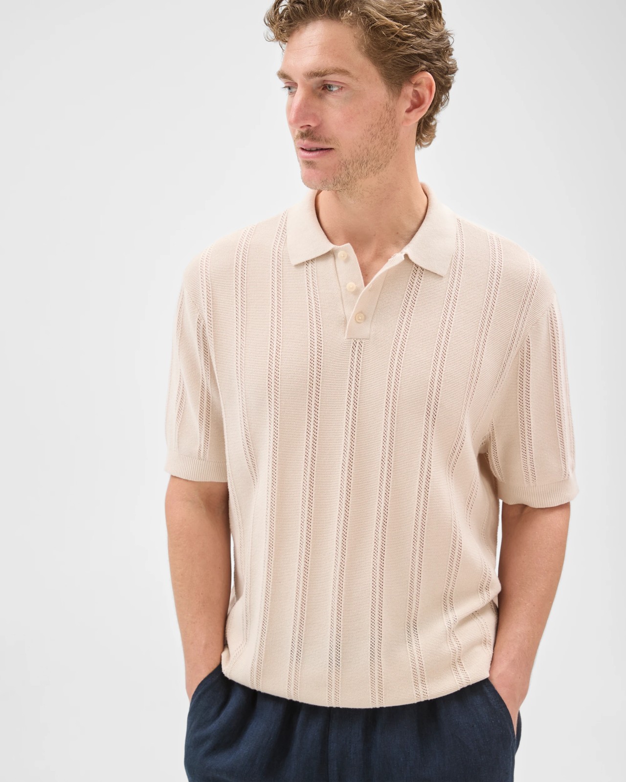 Australian Cotton Textured Stripe Knit Polo Top - Birch 5 of 6