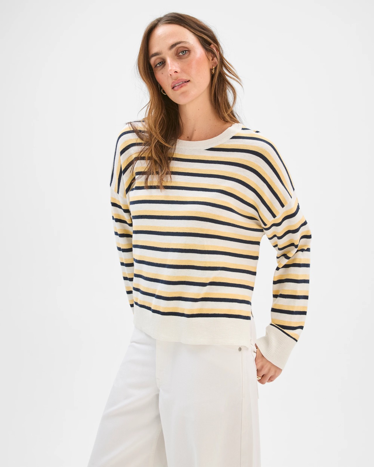 Australian Cotton Blend Long Sleeve Knit Jumper - Ink/Cloud/Lemon 5 of 5