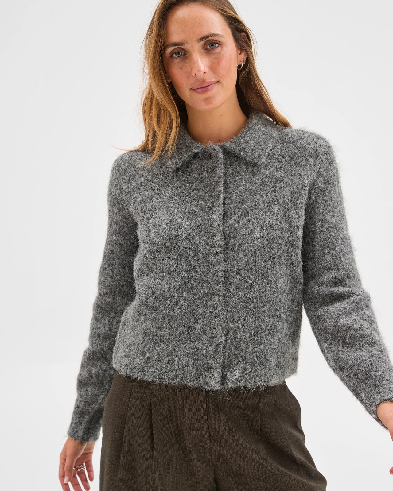 Preview Plush Button Through Collared Cardigan - Charcoal Marle 3 of 6