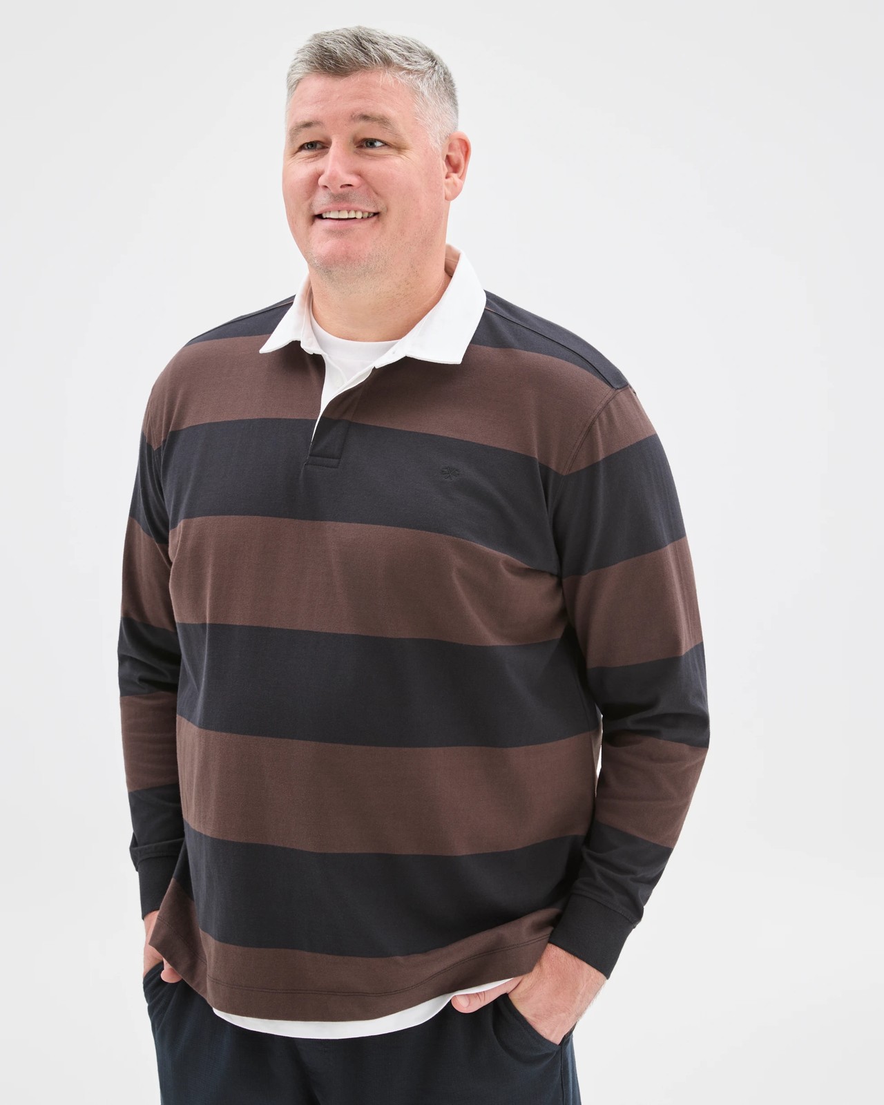 Plus Size Australian Cotton Long Sleeve Rugby Polo Top - Choc Black 3 of 6