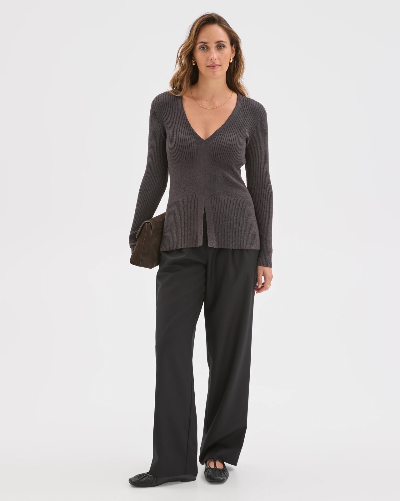 Preview Long Sleeve V-Neck Boucle Knit Top - Cinder 2 of 5