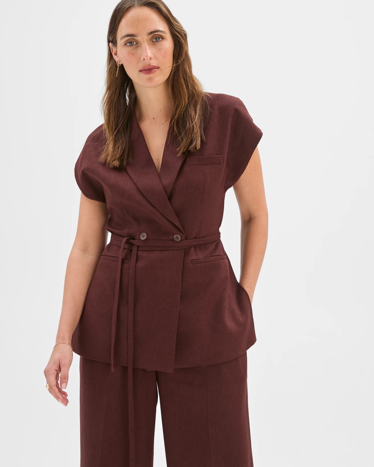 Preview Linen Blend Tailored Tie Waist Vest - Dark Chocolate 2 of 6
