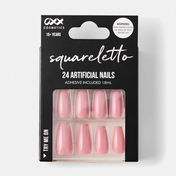 24 Pack Artificial Nails with Adhesive, Squareletto Shape, Nude - OXX Cosmetics