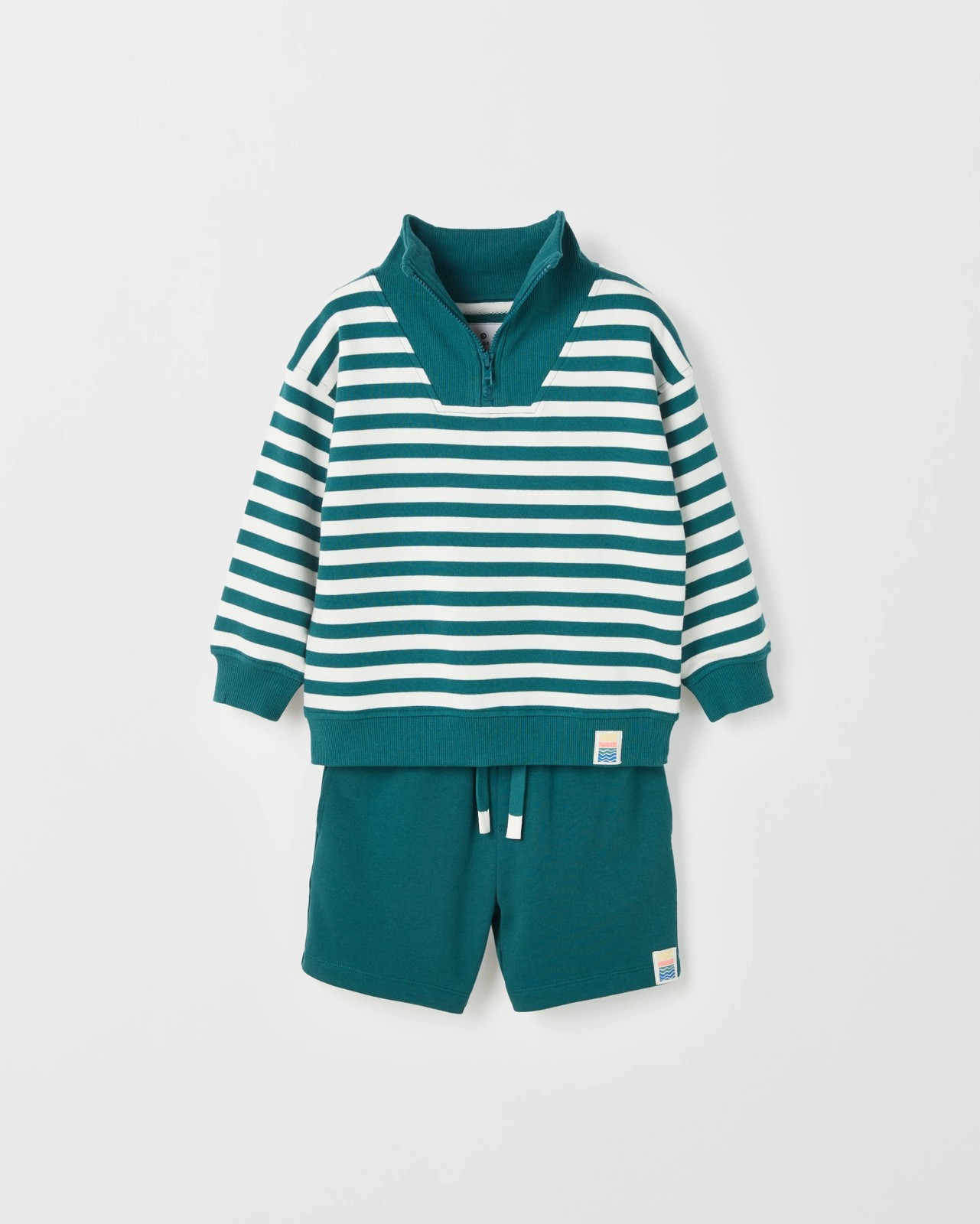 Australian Cotton 1/4 Zip Jumper & Shorts 2 Piece Set  - Green Stripe 5 of 5