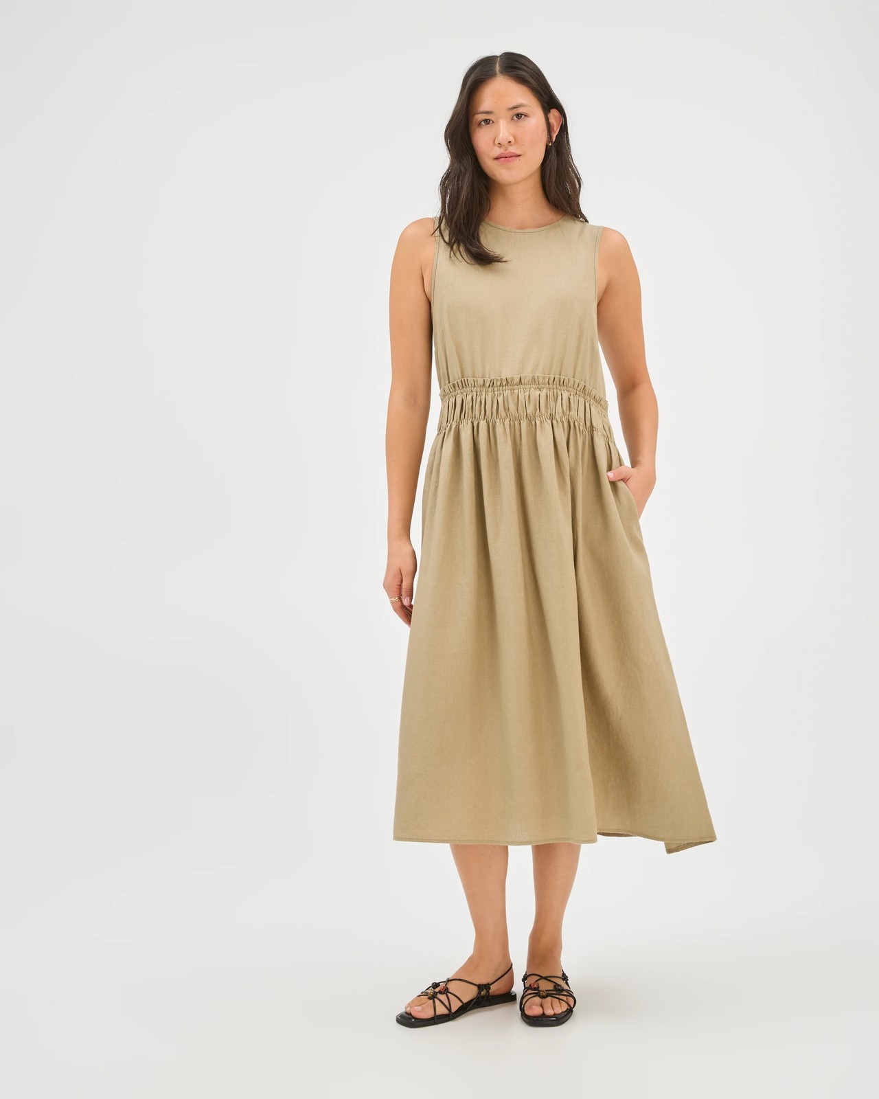 European Linen Sleeveless Waisted Midi Dress - Crushed Leaf 4 of 6