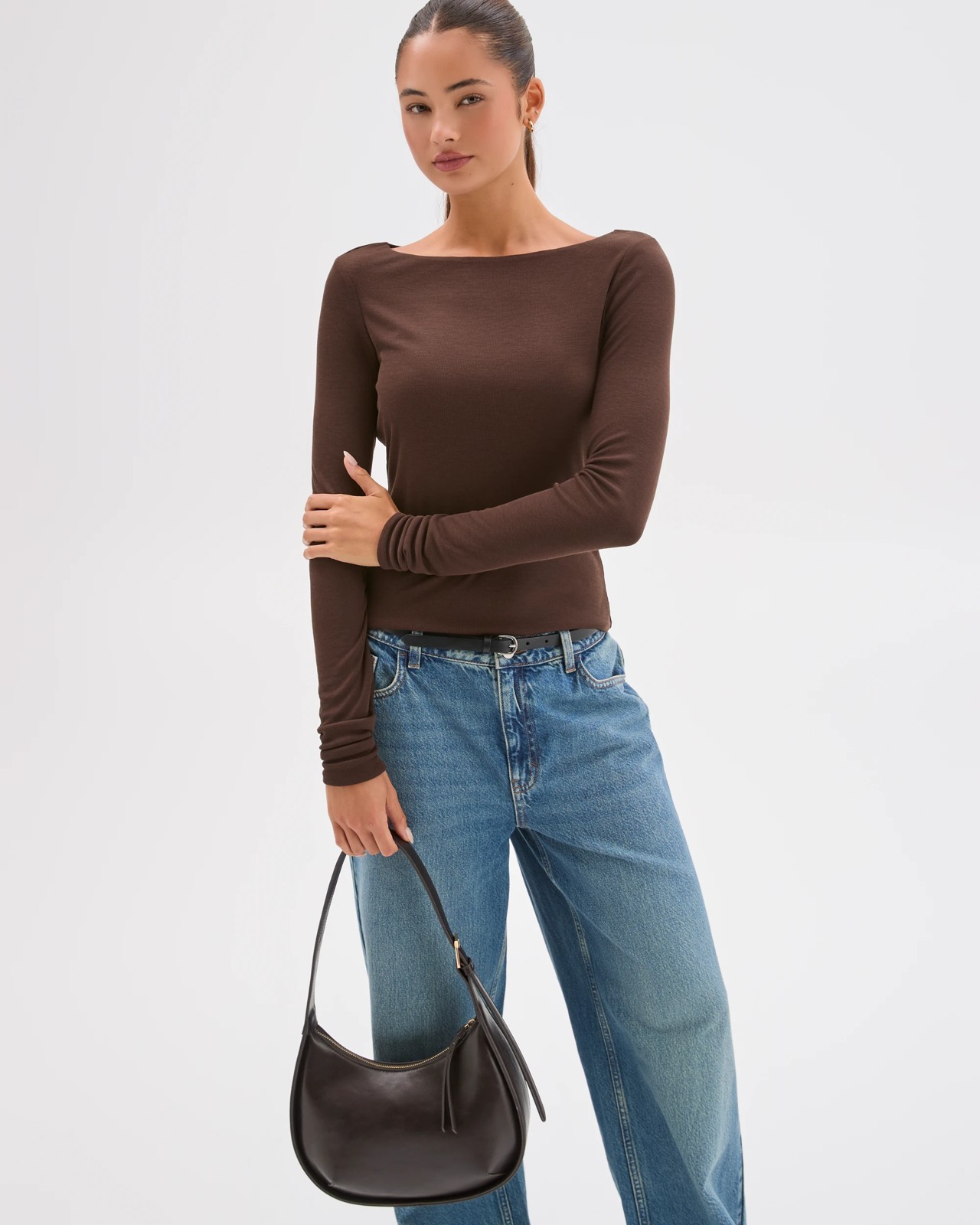 Lily Loves Double Layer Boat Neck Long Sleeve Top - Brown 2 of 5