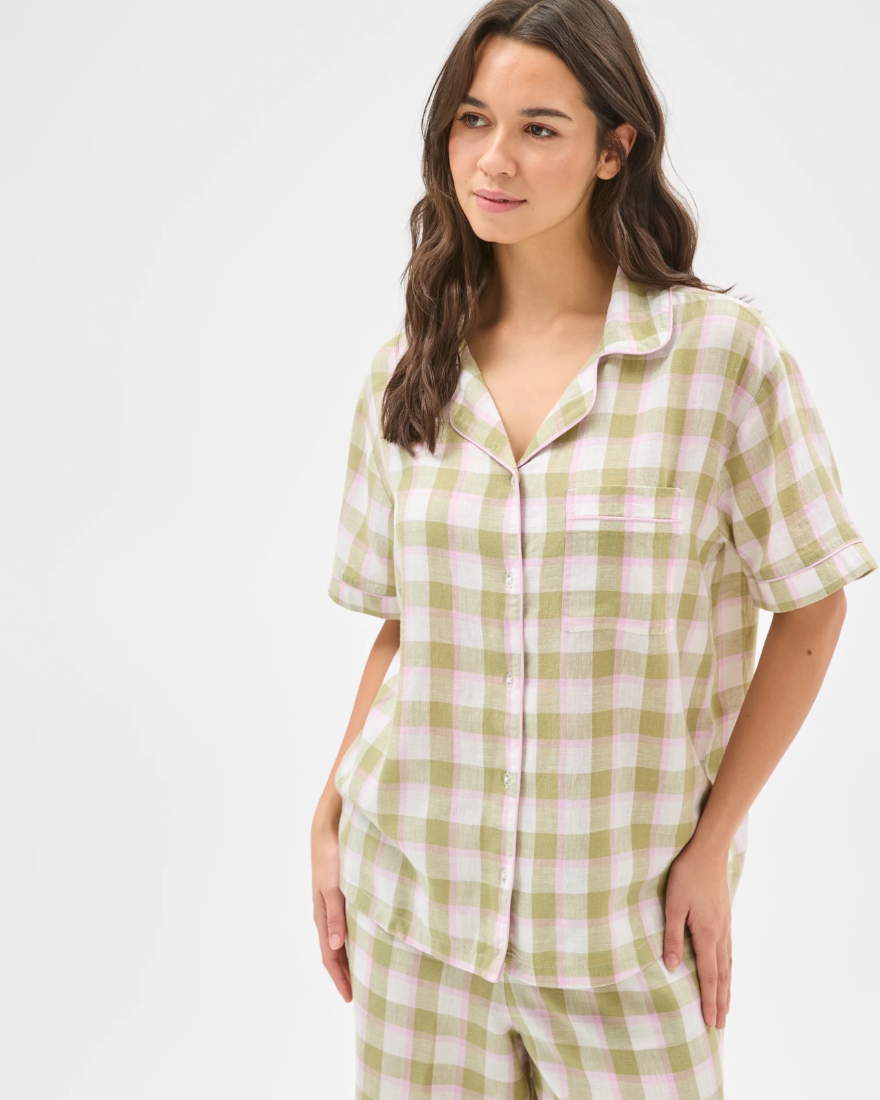 Linen Blend 7/8 Length Pyjama Set - Green Check 3 of 6