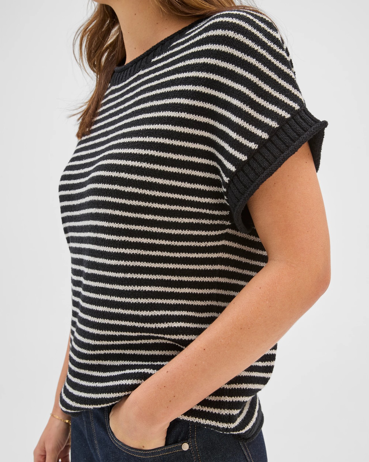 Australian Cotton Blend Boucle Roll Trim Knit Top - Black/Pumice Stripe 4 of 6