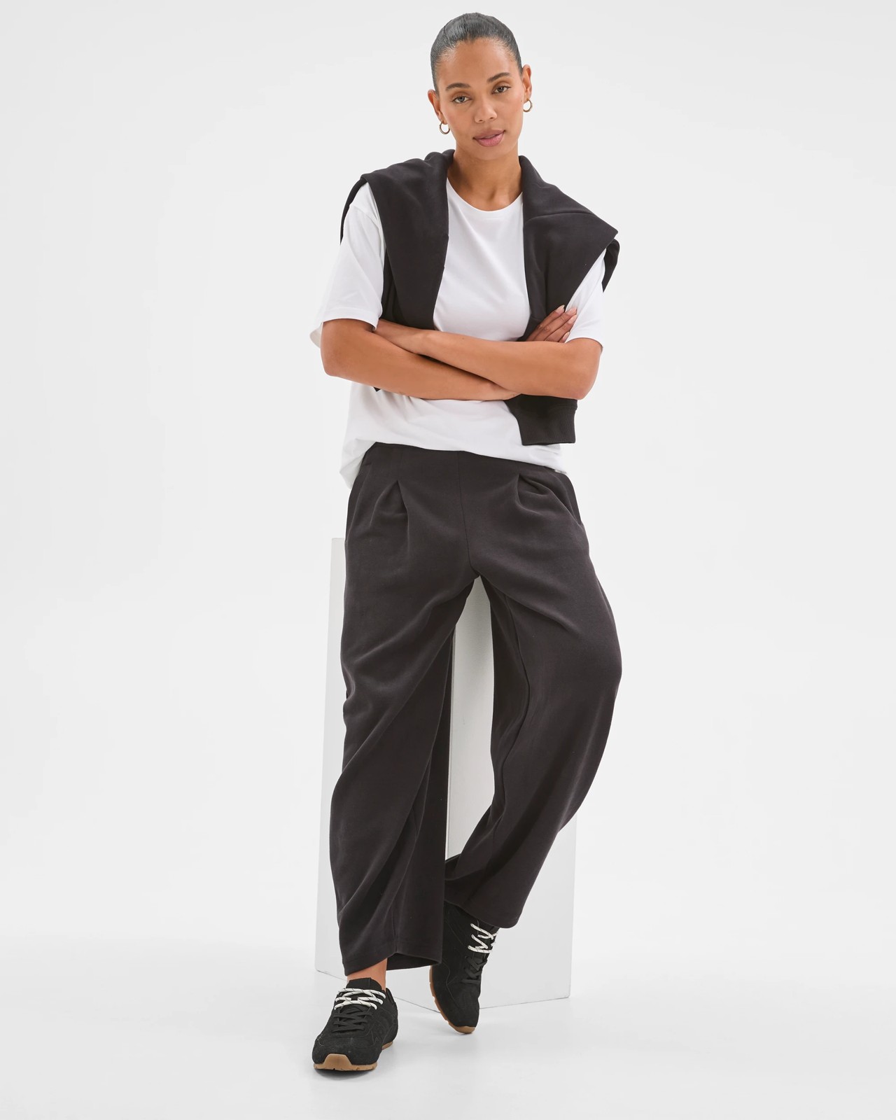 Active Australian Cotton Blend Sueded Rib Barrel Leg Pants - Black 2 of 5
